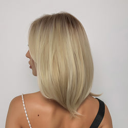 No.25-Peluca de pelo sintético de alta temperatura, corta, ondulada dorada, descentrada, a la moda, con cubierta de cabeza completa