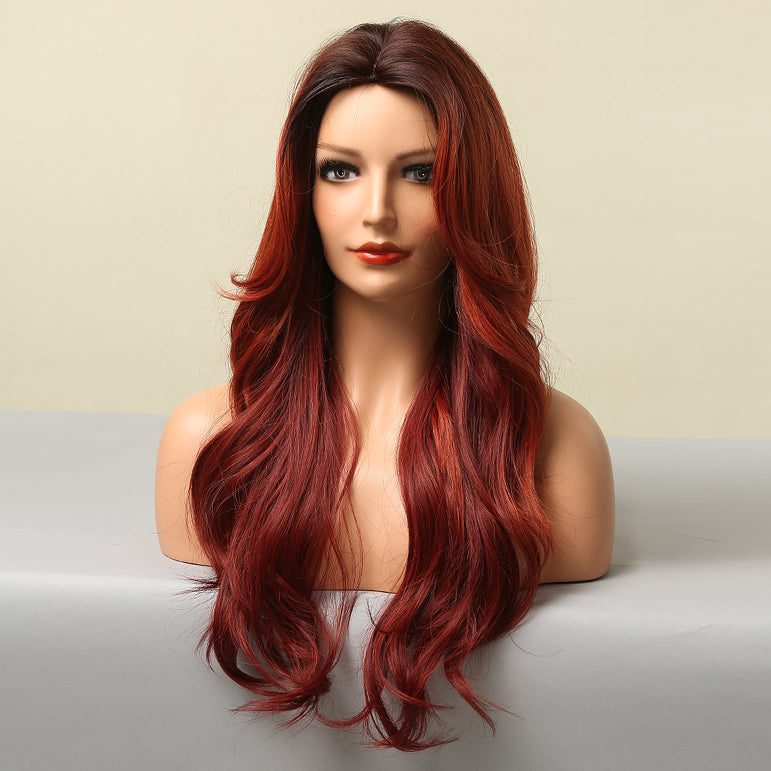 No.24-Peluca de cosplay de pelo largo y rizado europeo y americano ondulado grande rojo degradado con parte central - Cubierta para la cabeza-5221