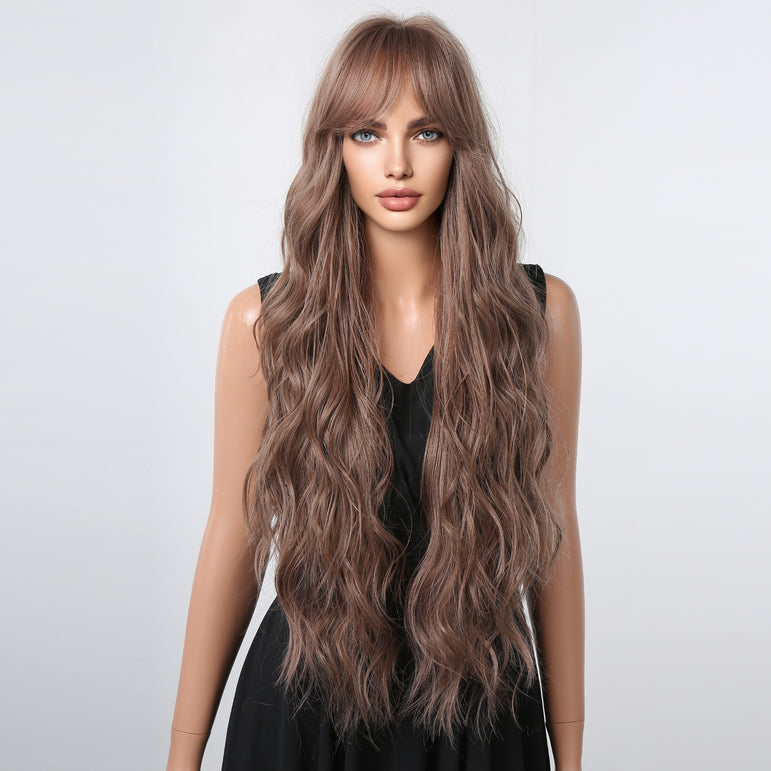 Peluca sintética de pelo rizado largo resistente al calor, color marrón oscuro, con ondas profundas y flequillo ondulado, para mujer, pelo de Cosplay diario y de fiesta