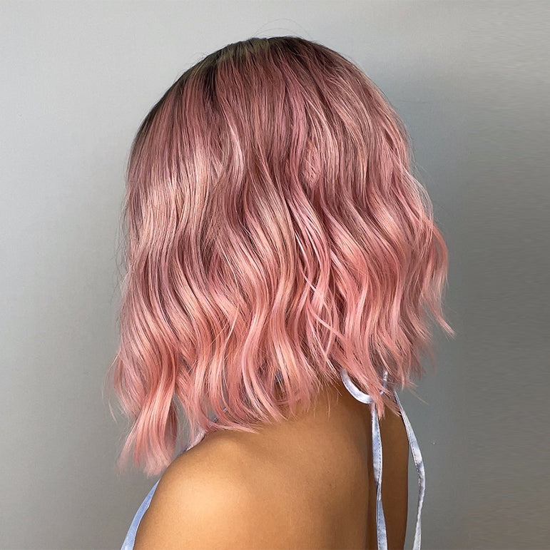 No.14-Peluca de pelo corto sintético de alta temperatura, rizos pequeños, pelo corto y rizado rosa, cubierta de cabeza completa de verano