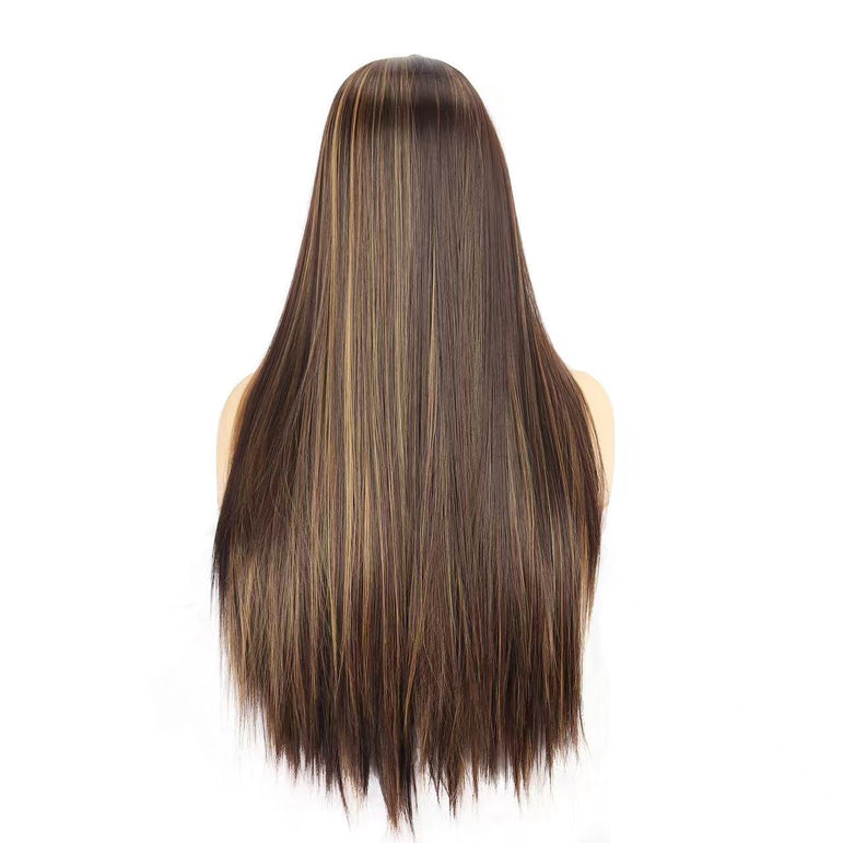 Hermosa peluca frontal de encaje rubio miel de 26 pulgadas, densidad pre-desplumada, peluca sintética recta sin pegamento para un cabello largo y liso impresionante