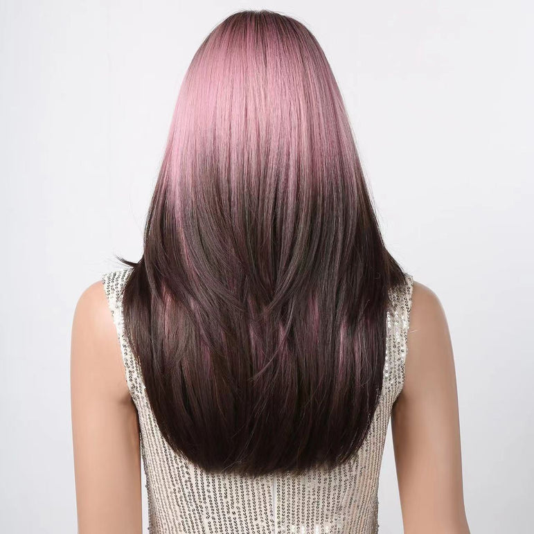 Abraza la elegancia vanguardista con una peluca sintética larga de color rosa y marrón: ¡ideal para uso diario, cosplay y fiestas!