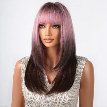 Abraza la elegancia vanguardista con una peluca sintética larga de color rosa y marrón: ¡ideal para uso diario, cosplay y fiestas!
