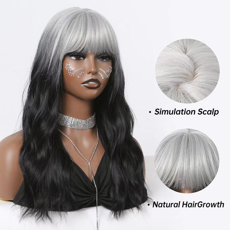 Mejora tu apariencia con una peluca ondulada larga de color blanco a negro: ¡ideal para estilos naturales, de cosplay y de Halloween!