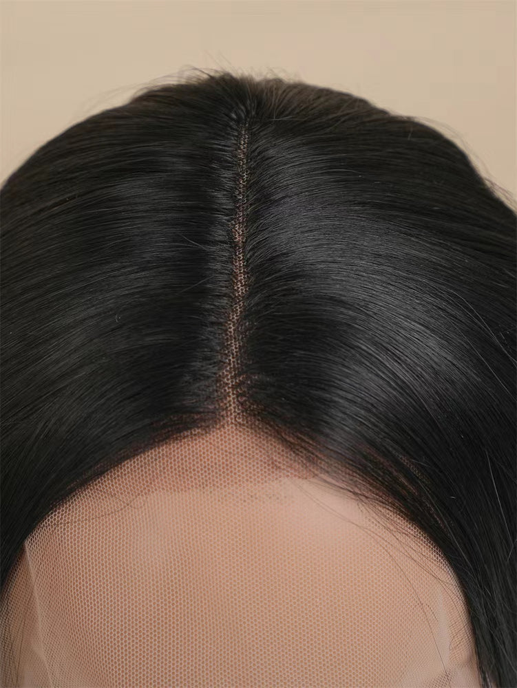 Peluca frontal de encaje de color negro - Peluca sintética larga y rizada con parte profunda y encaje transparente para mujer