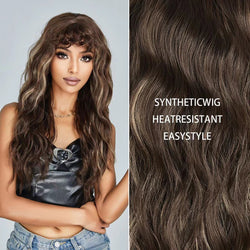 Peluca sintética de onda rizada rizada marrón negra con flequillo - Cosplay diario con estilo Peluca de pelo largo de onda profunda resistente al calor para mujeres