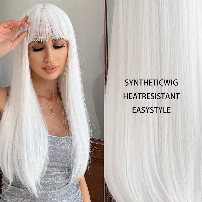 Peluca blanca larga y recta con flequillo, versátil para uso diario y cosplay, peluca sintética resistente al calor para mujeres afro