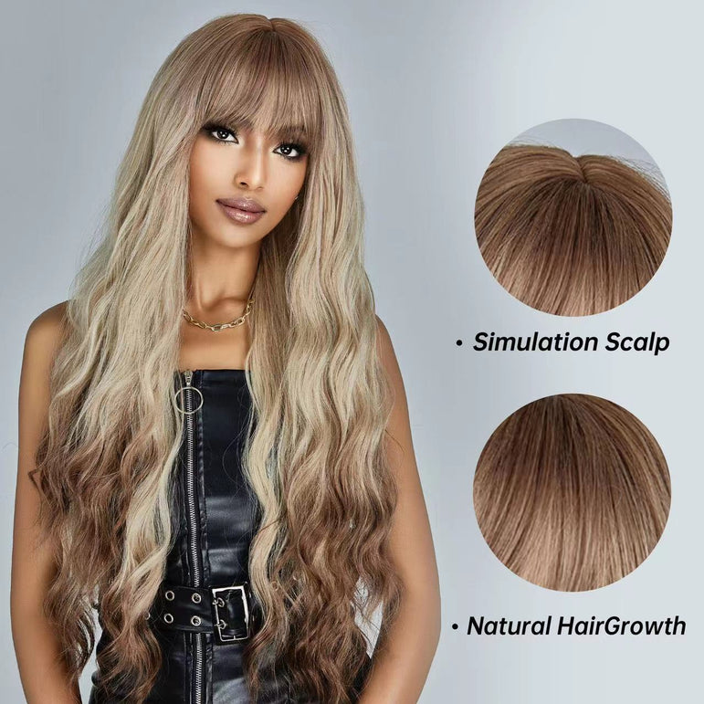 Peluca ondulada y rizada larga con flequillo: peluca sintética rubia marrón degradado para mujer, versátil para uso diario, cosplay y fiesta