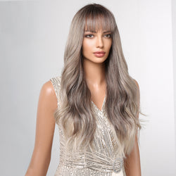 Peluca sintética ondulada de color gris largo, peluca marrón resistente al calor, adecuada para uso diario y de fiesta para damas