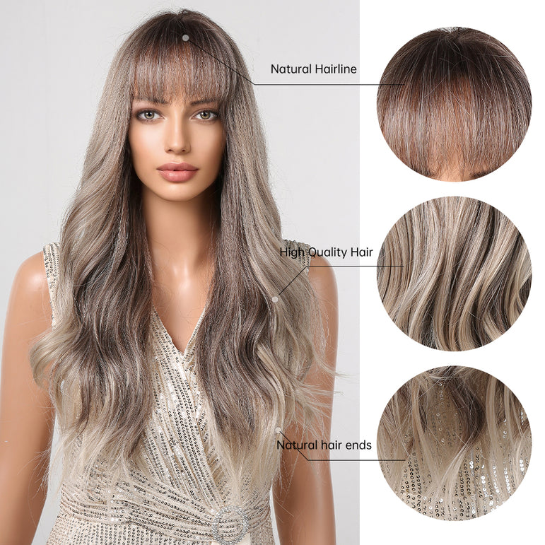 Peluca sintética ondulada de color gris largo, peluca marrón resistente al calor, adecuada para uso diario y de fiesta para damas