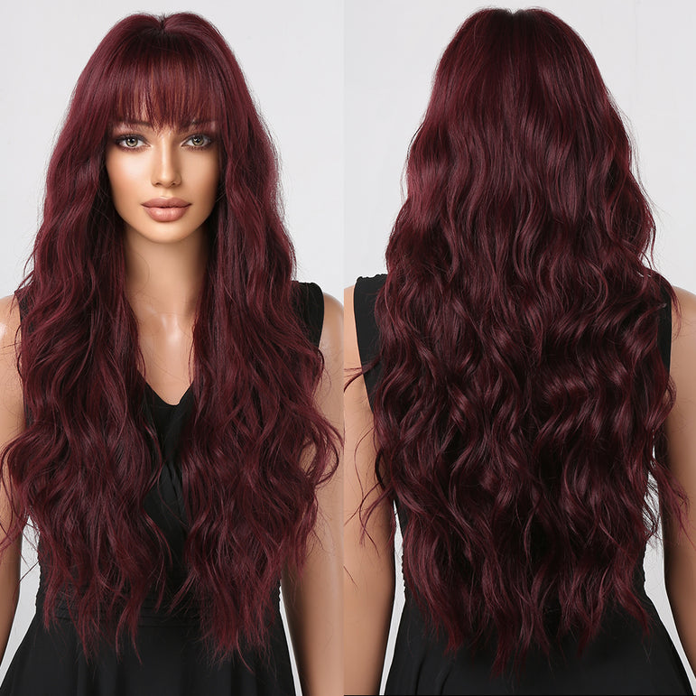 Peluca sintética larga de color rojo vino: adopta rizos naturales y voluminosos con esta moderna peluca de cabeza completa