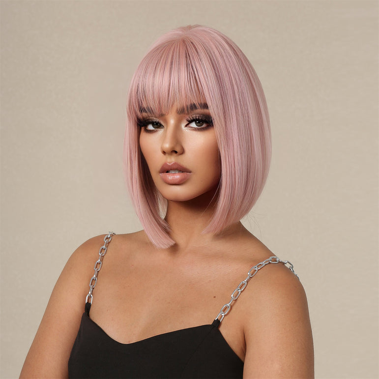 Peluca de cosplay de Bob corto sintético rosa con flequillo para mujer - Peluca de pelo de fiesta lolita recta natural resistente al calor