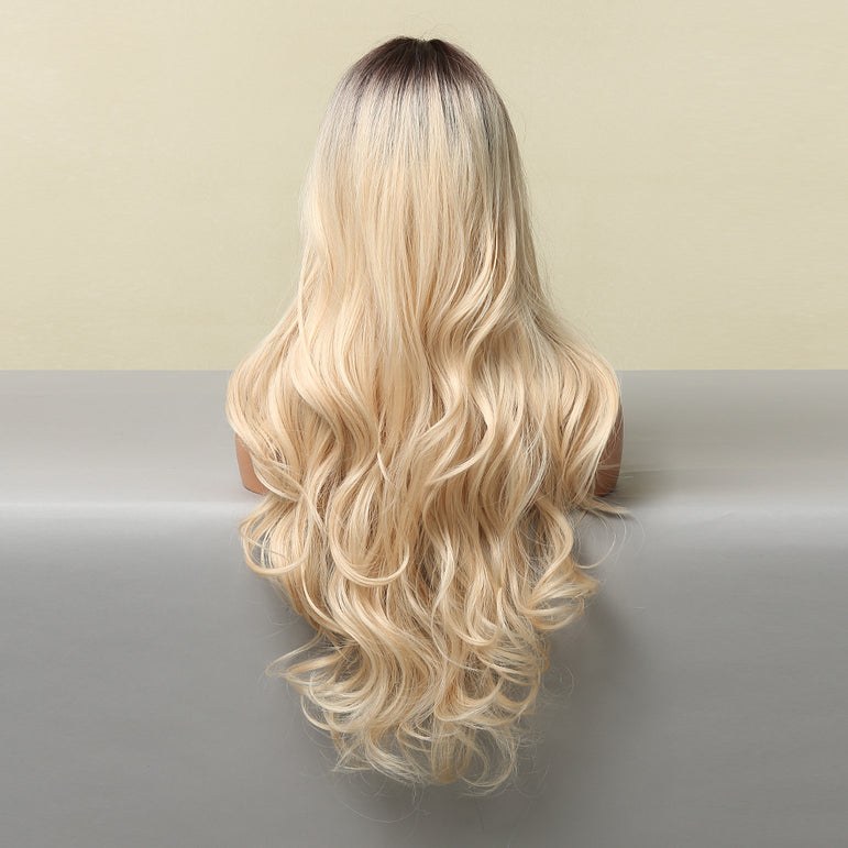 No.01-Peluca de fibra sintética de alta temperatura de pelo largo y rizado gradual de color blanco a dorado - Peluca natural para cubrir la cabeza-5306