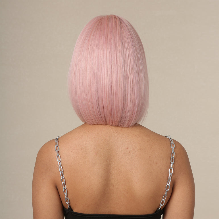 Peluca de cosplay de Bob corto sintético rosa con flequillo para mujer - Peluca de pelo de fiesta lolita recta natural resistente al calor
