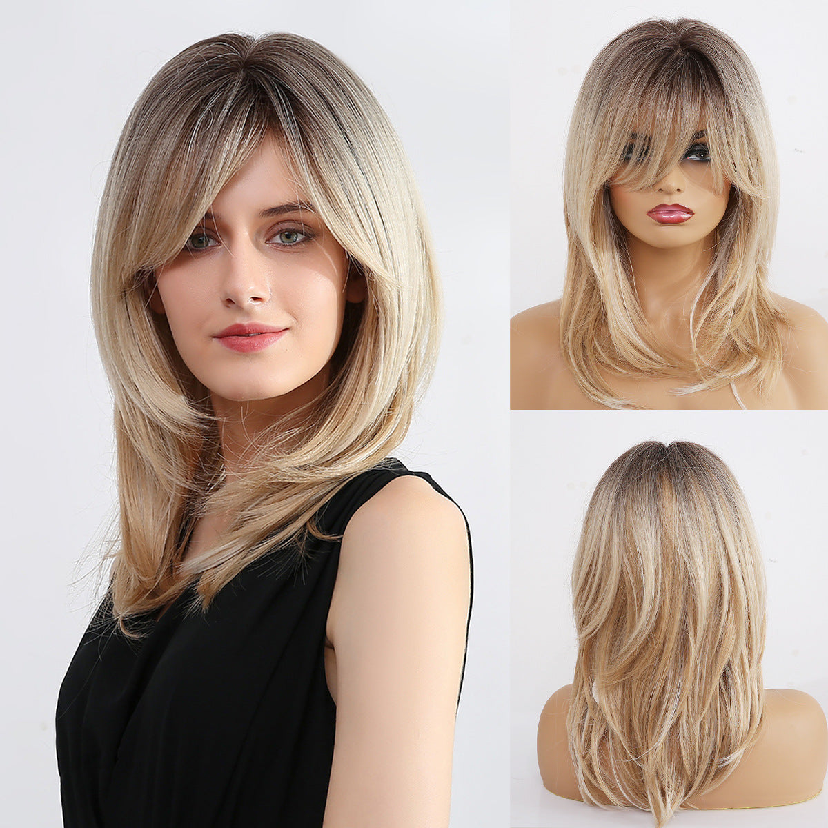 No.26-Gradient golden eight-character bangs medium length high temperature synthetic rose mesh wig
